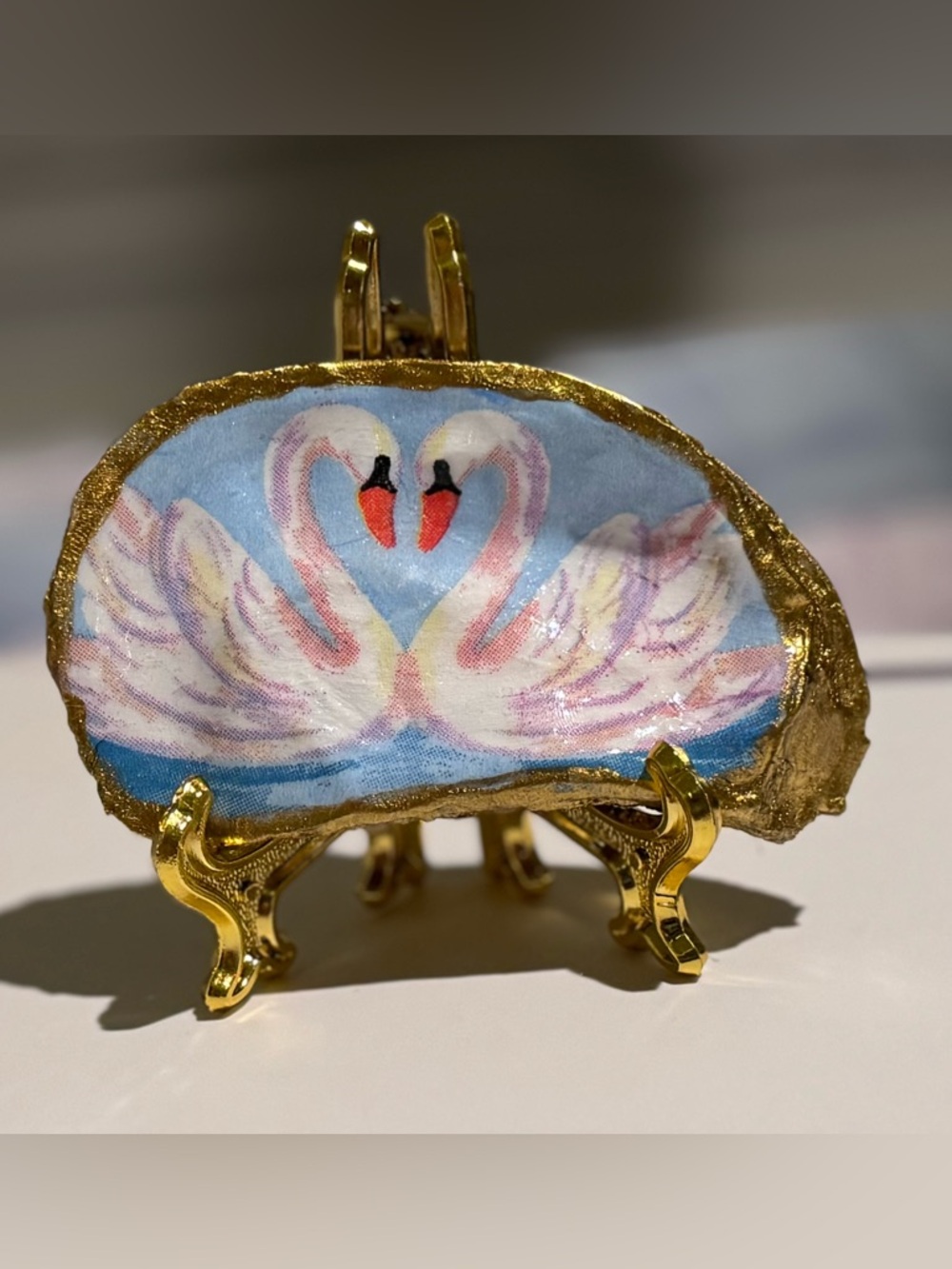 Handmade Swan Oyster Shell Accent or plaque or trinket with Gold Trim